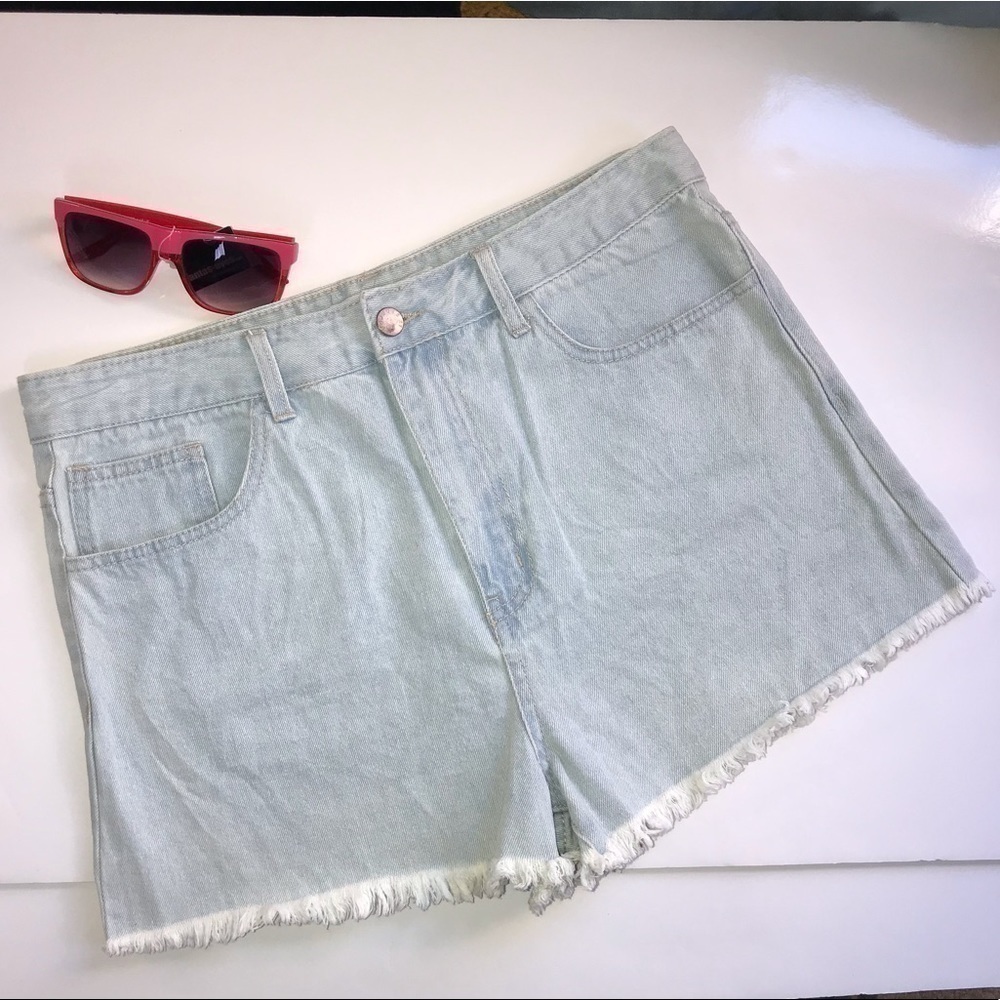 Forever 21 Light Blue Denim Sz 30 high waist fringe hem shorts NEW WITH TAGS - Picture 7 of 15